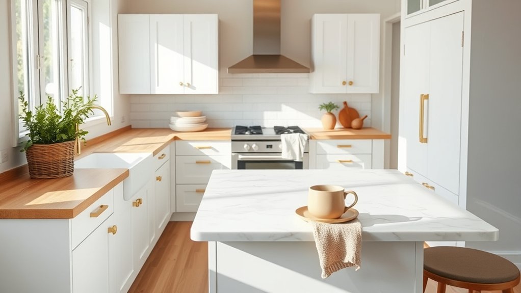 add warmth to white kitchen